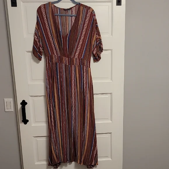 BloomChic | Dresses | Bloomchic Size 416 Orange Blue Striped Maxi Sundress  Vneck Pockets Side Slit | Poshmark